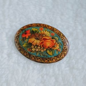 Vintage Hand Painted Black Lacquer Floral Brooch Pin Signed